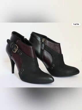 McQ Alexander McQueen burgundy leather and black suede booties
